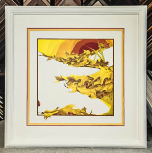 bright yellow print with red ladybugs